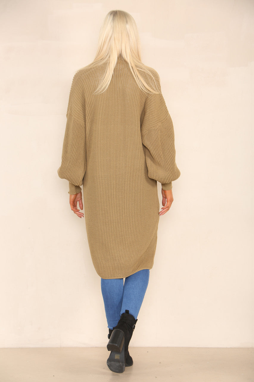 CHUNKY KNIT BALLOON SLEEVE LONGLINE CARDIGAN CAMEL