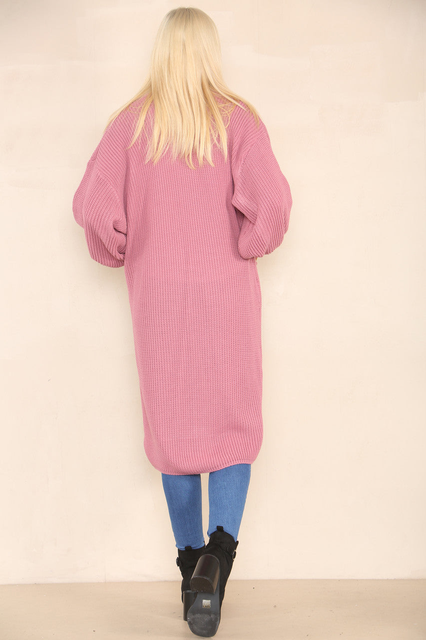 CHUNKY KNIT BALLOON SLEEVE LONGLINE CARDIGAN DUSTY PINK