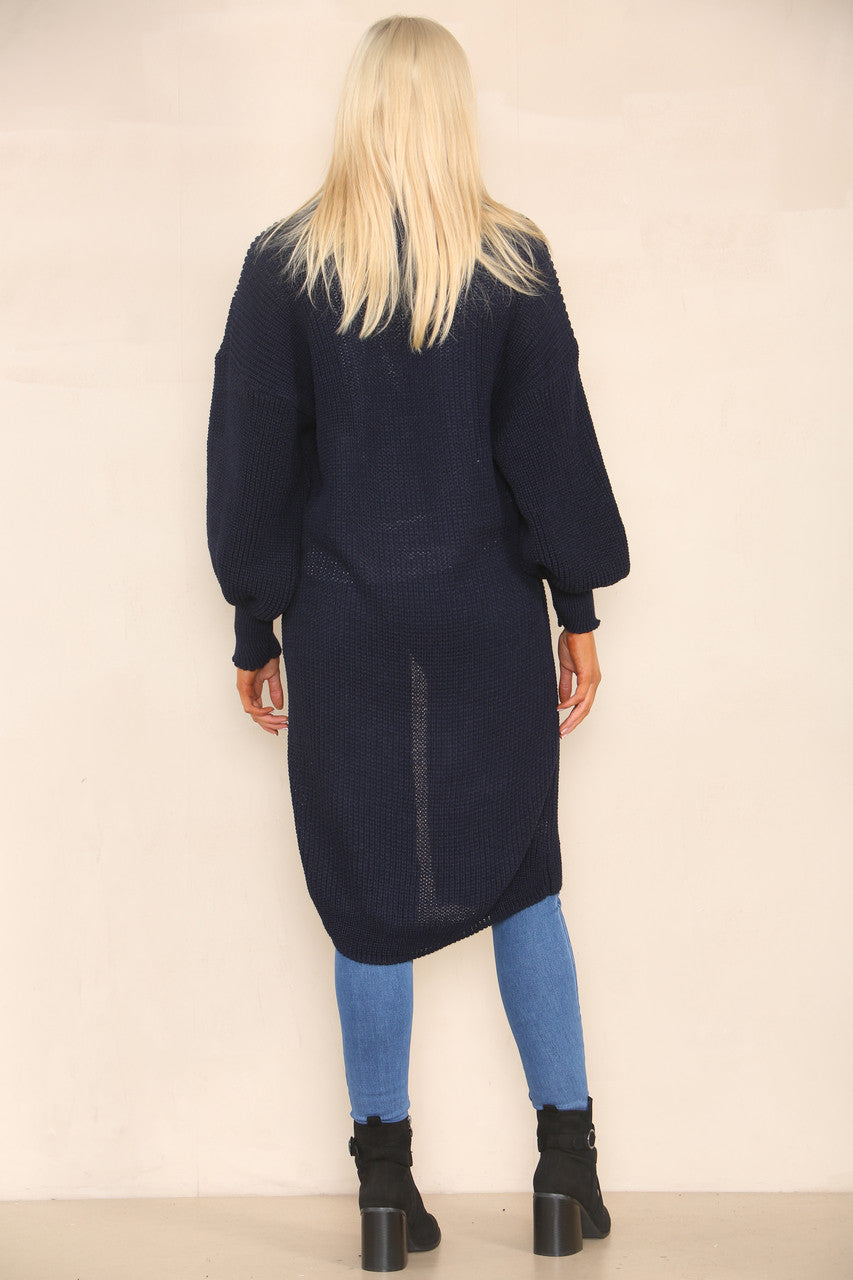 CHUNKY KNIT BALLOON SLEEVE LONGLINE CARDIGAN NAVY