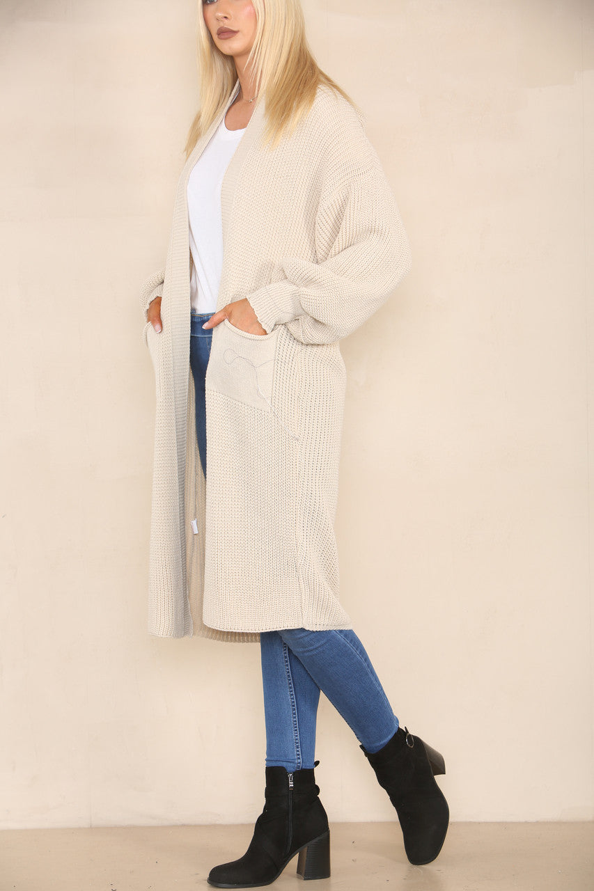 CHUNKY KNIT BALLOON SLEEVE LONGLINE CARDIGAN STONE