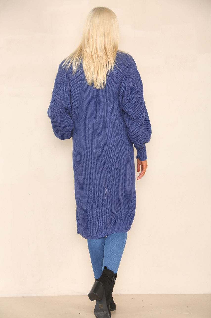 CHUNKY KNIT BALLOON SLEEVE LONGLINE CARDIGAN DENIM
