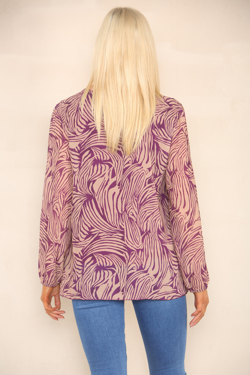 ABSTRACT ANIMAL PRINT PLEATED BLOUSE RASPBERRY/TAN