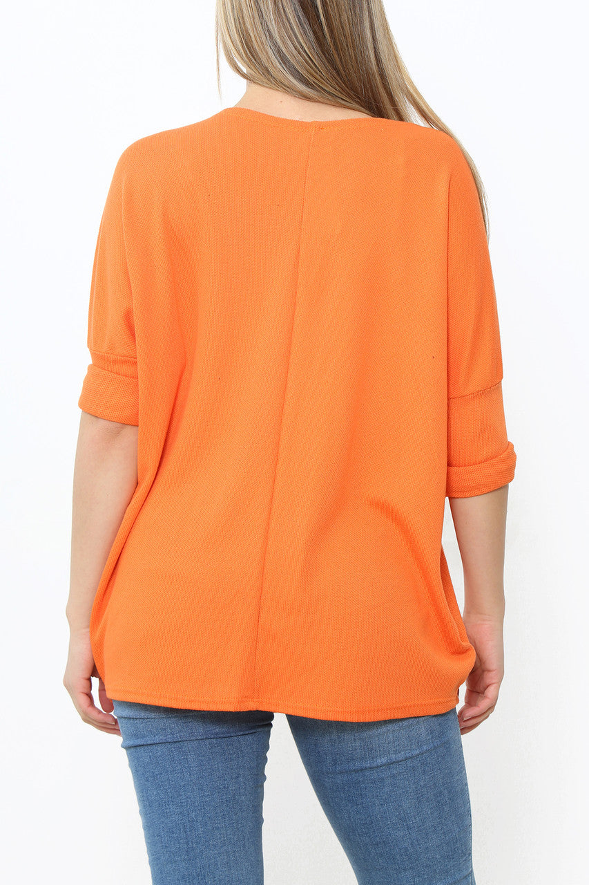 Ladies Sequin Patch Detail Jumper Top Orange