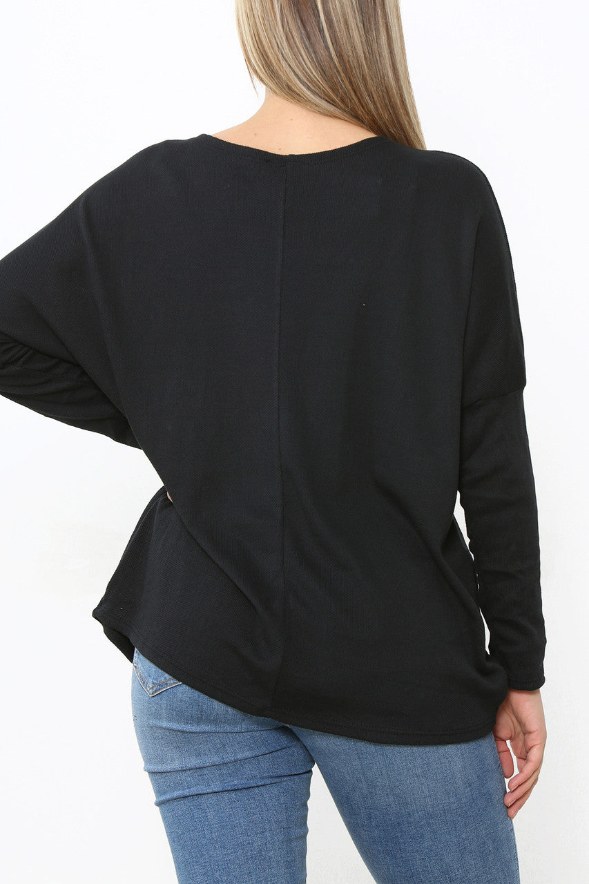 Ladies Sequin Patch Detail Jumper Top Black