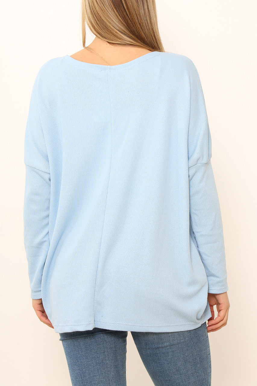 Ladies Sequin Patch Detail Jumper Top Light Blue