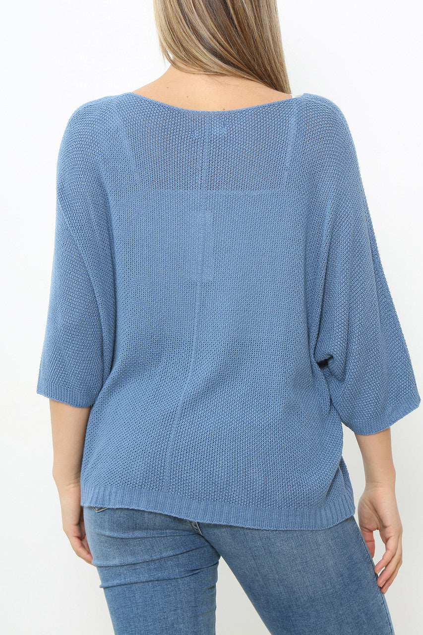 V-NECK PLAIN KNITTED JUMPER TOP DENIM
