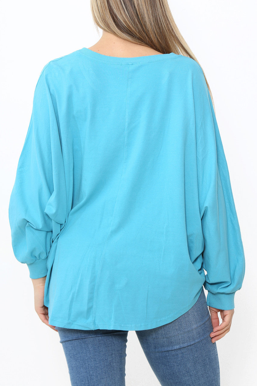 Ladies Stud Sleeve Detail Jumper Top Turquoise