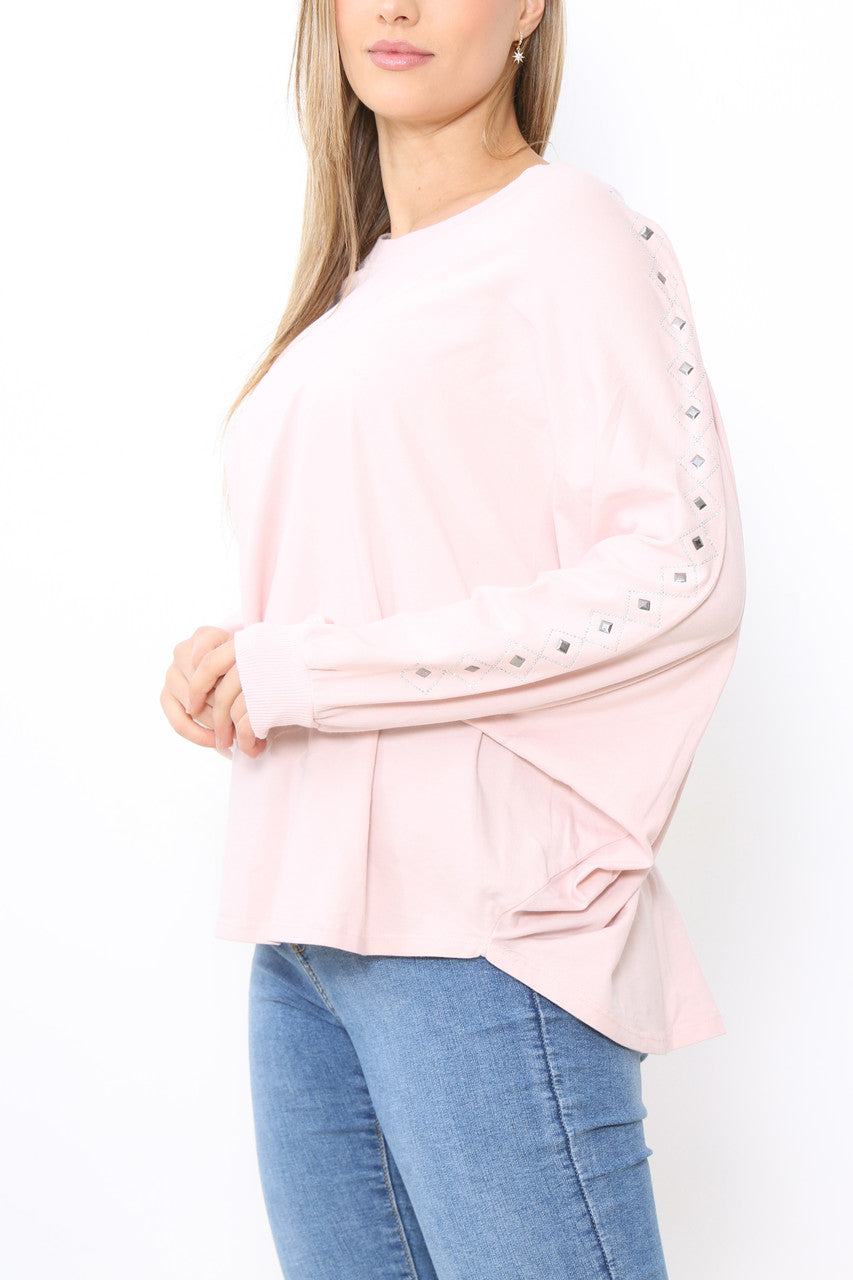 Ladies Stud Sleeve Detail Jumper Top Dusty Pink