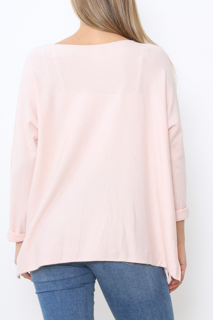 Ladies Foil Heart Detail Fine Knit Jumper Top Dusty Pink