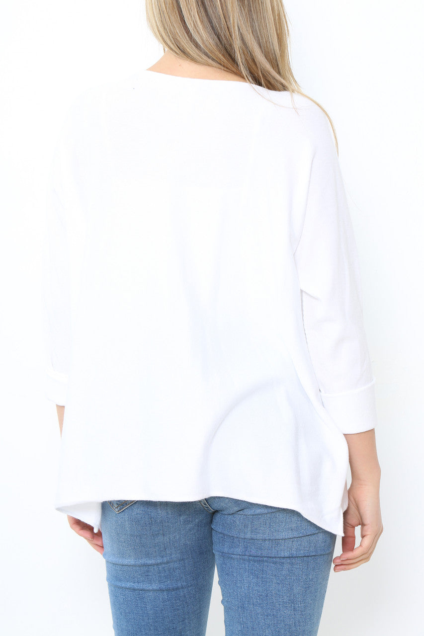 Ladies Foil Heart Detail Fine Knit Jumper Top White