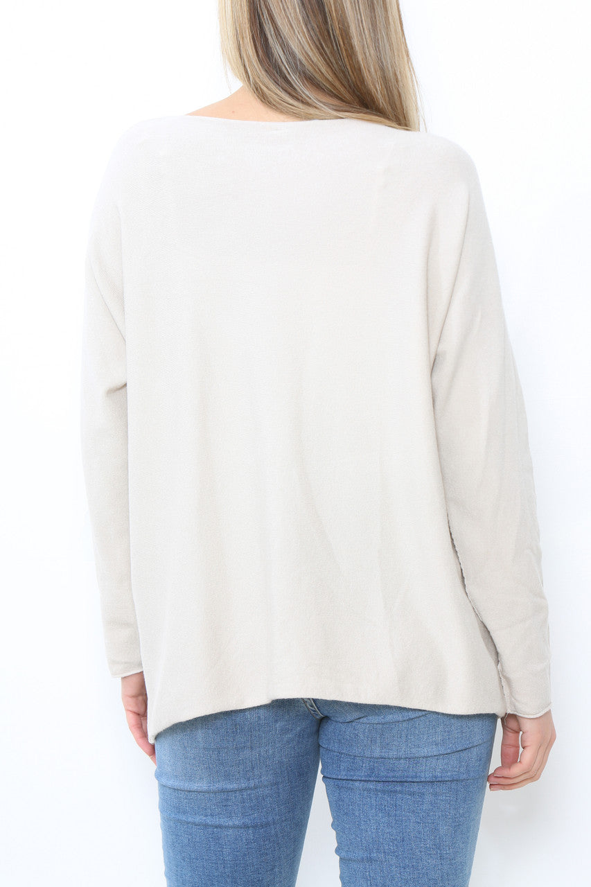 Ladies Foil Heart Detail Fine Knit Jumper Top Stone