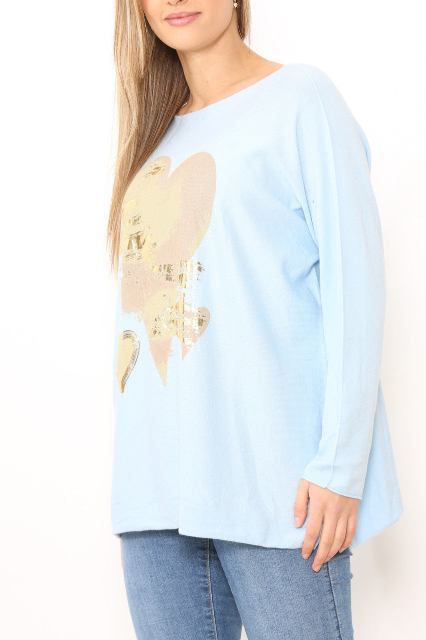 Ladies Foil Heart Detail Fine Knit Jumper Top Light Blue