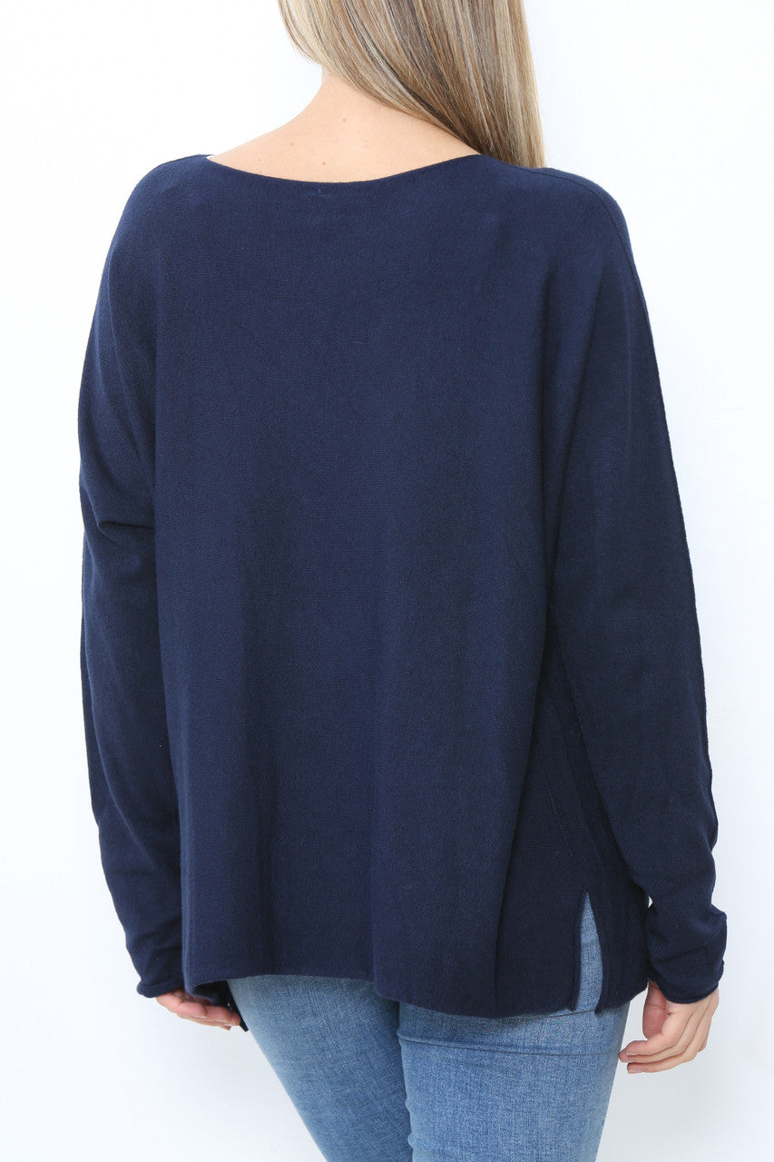 Dames Folie Hart Detail Fijn Gebreide Trui Top Marineblauw