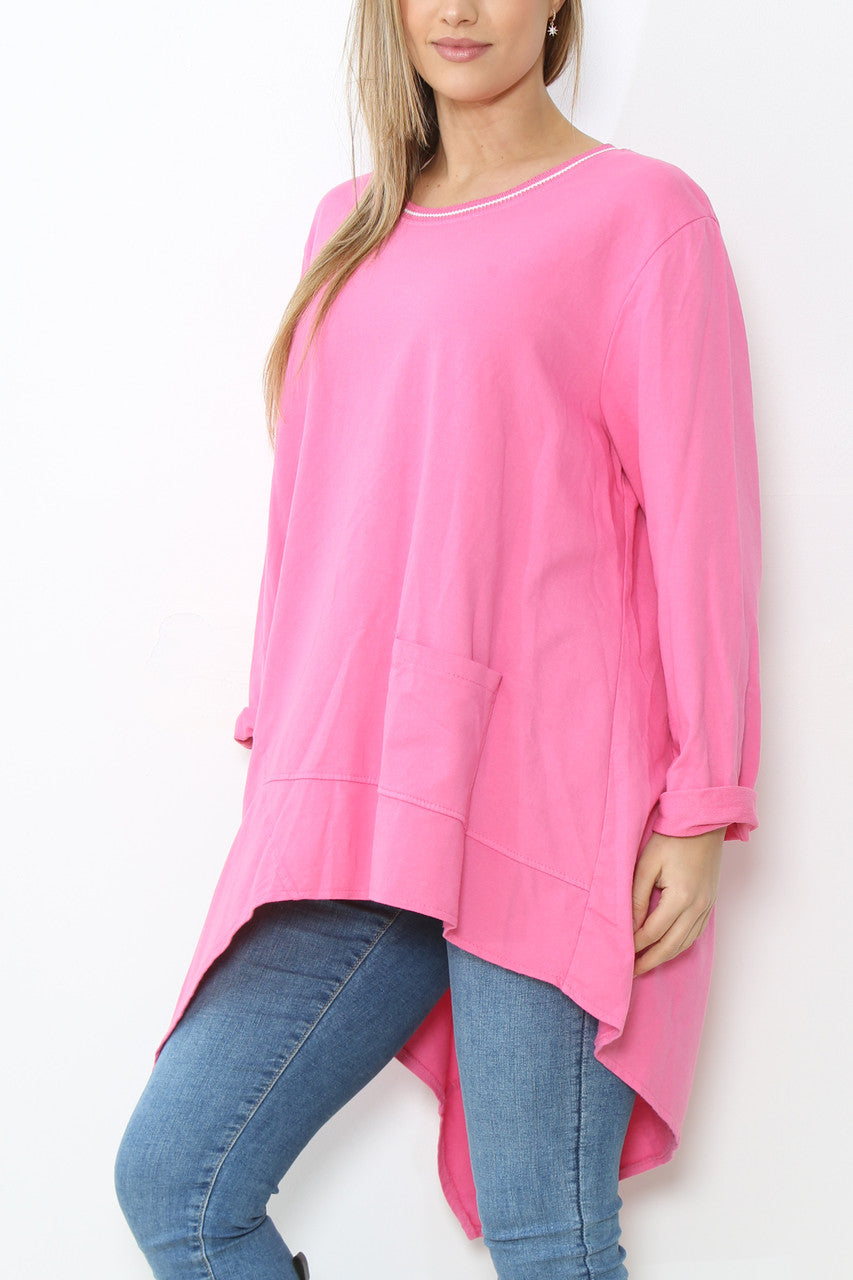 Ladies Seam Detail Plain Tunic Top Cerise