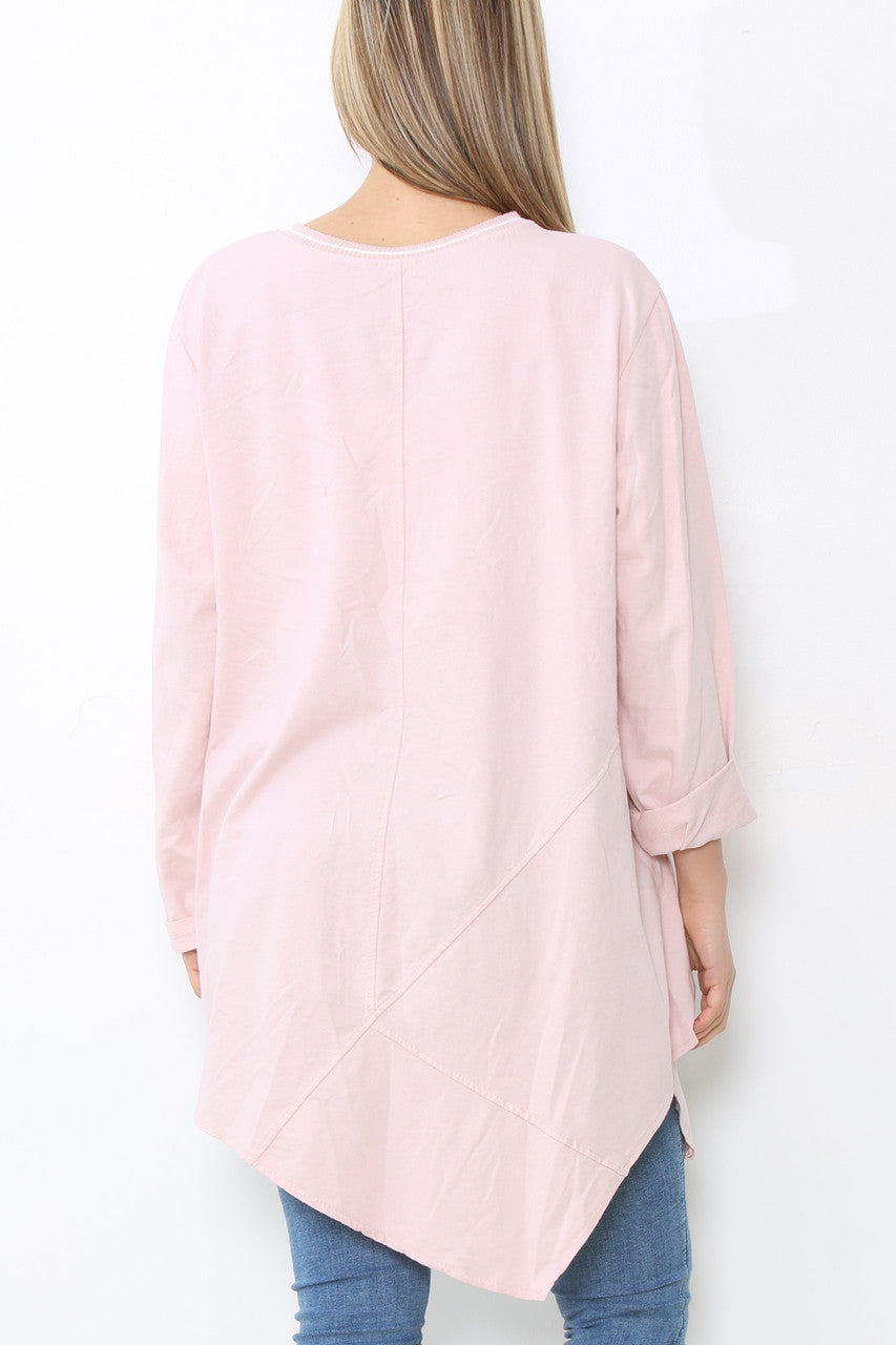 Ladies Seam Detail Plain Tunic Top Dusty Pink