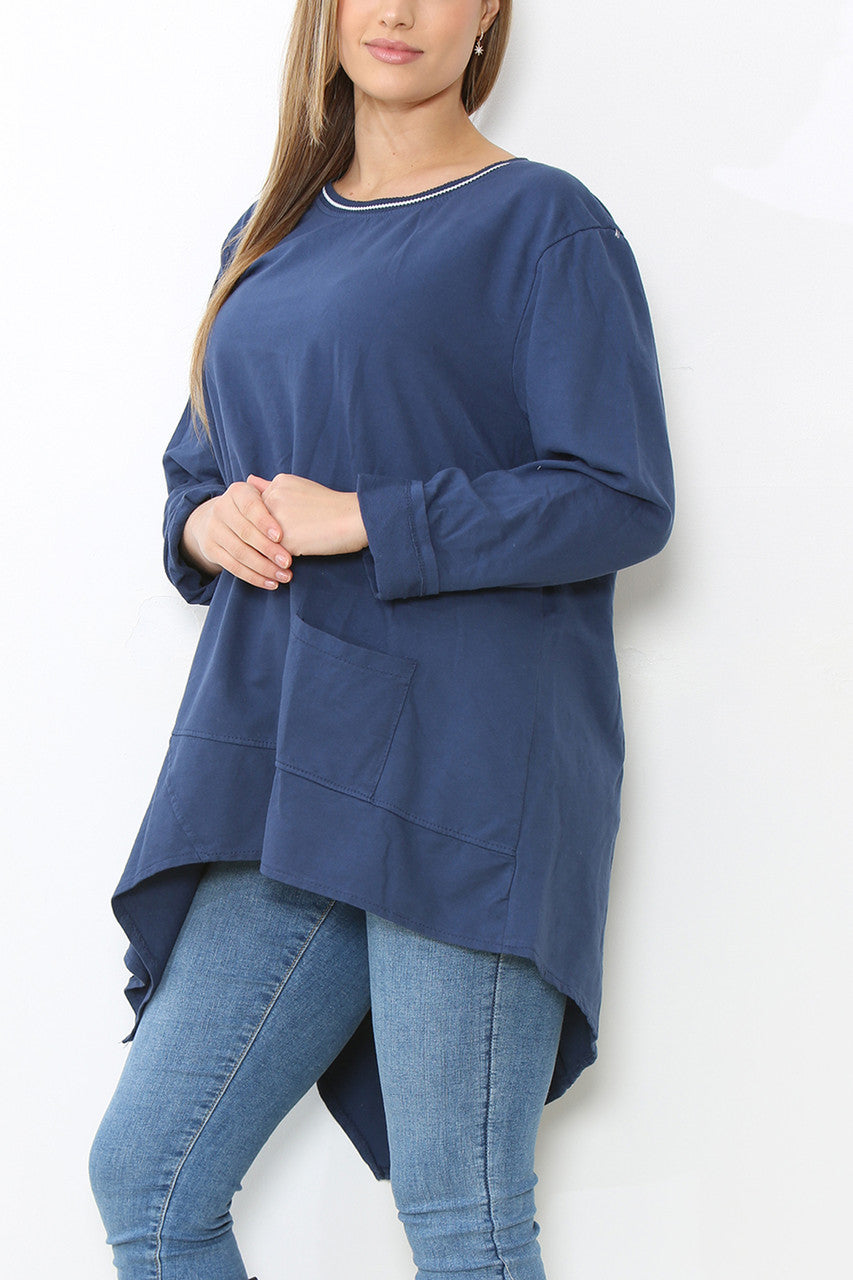 Ladies Seam Detail Plain Tunic Top Navy