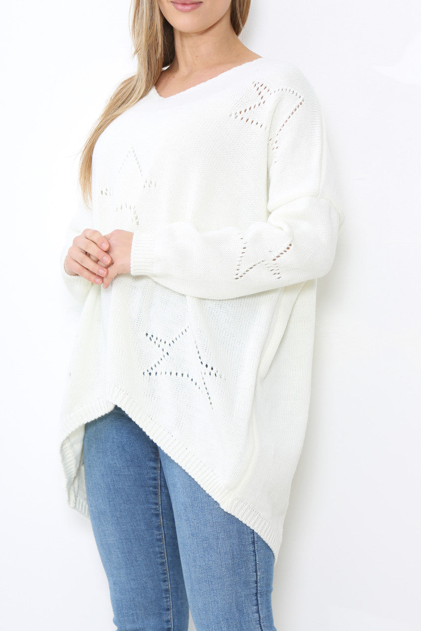 Ladies Cut Out Stars Jumper Top White