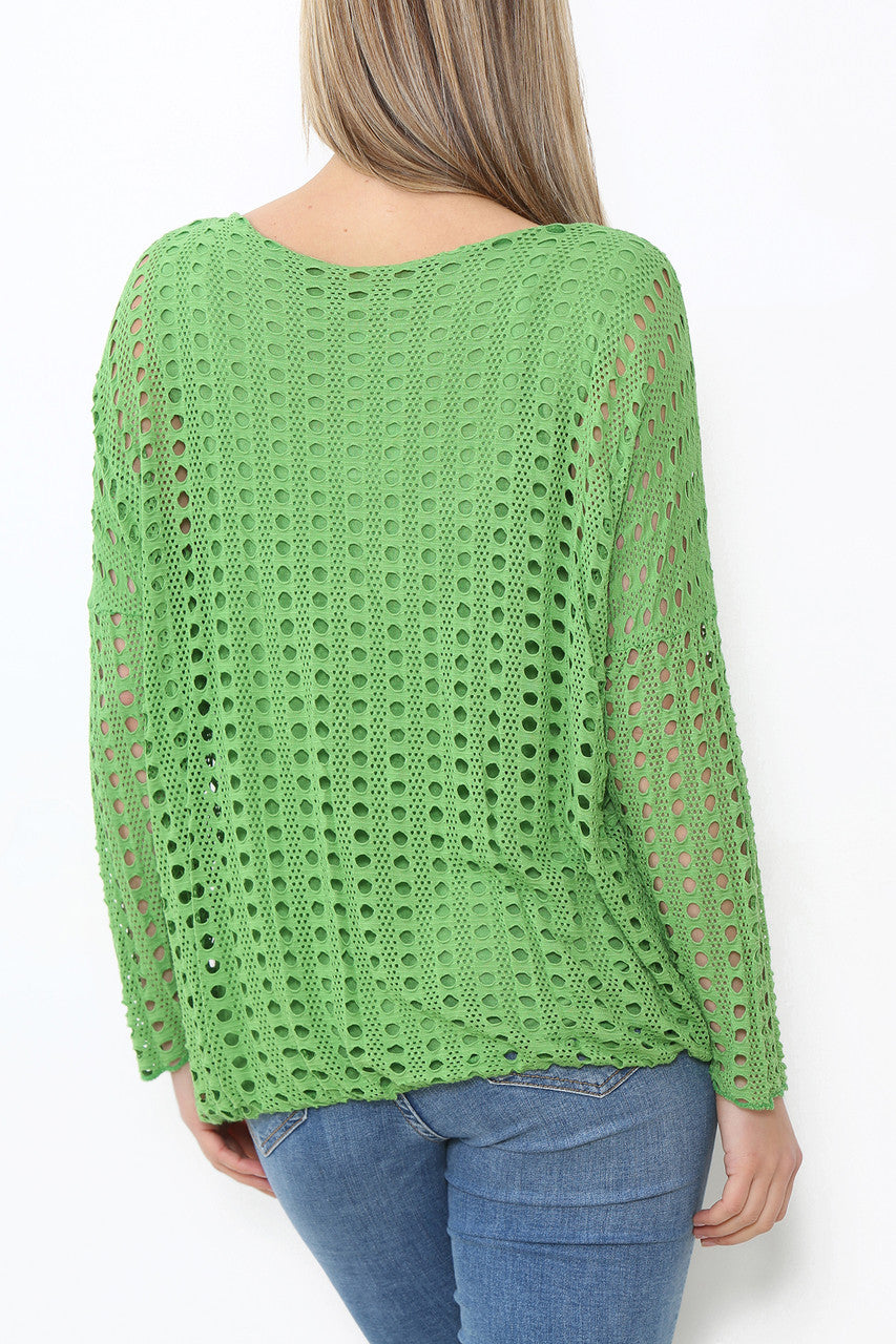 Ladies Cut Out Detail Long Sleeve Top Green