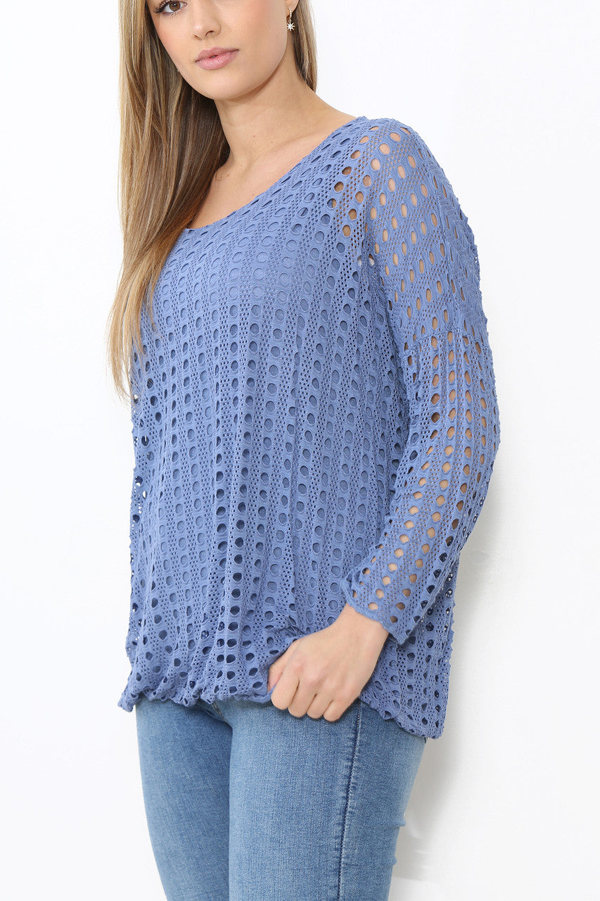 Ladies Cut Out Detail Long Sleeve Top Denim