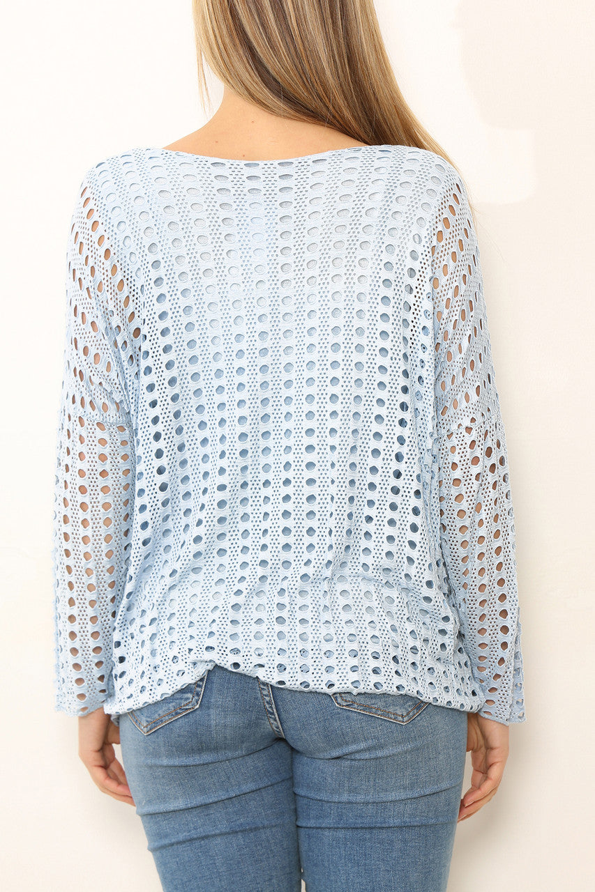 Ladies Cut Out Detail Long Sleeve Top Light Blue