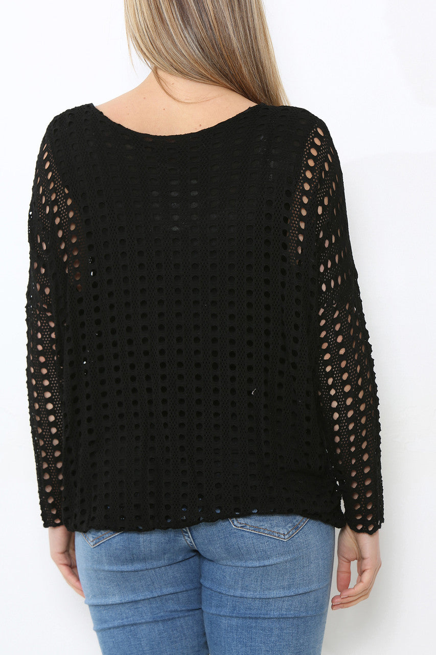 Ladies Cut Out Detail Long Sleeve Top Black