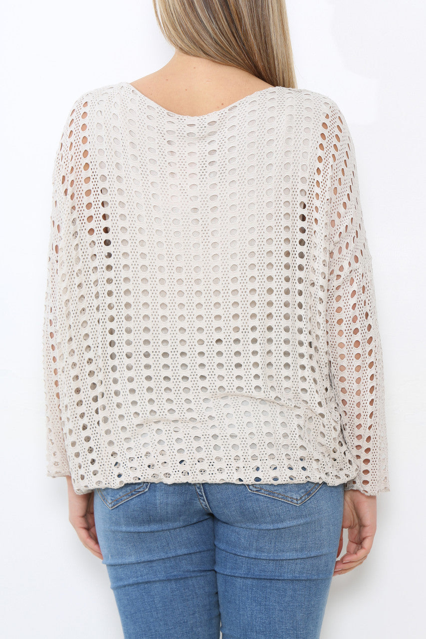 Ladies Cut Out Detail Long Sleeve Top Stone