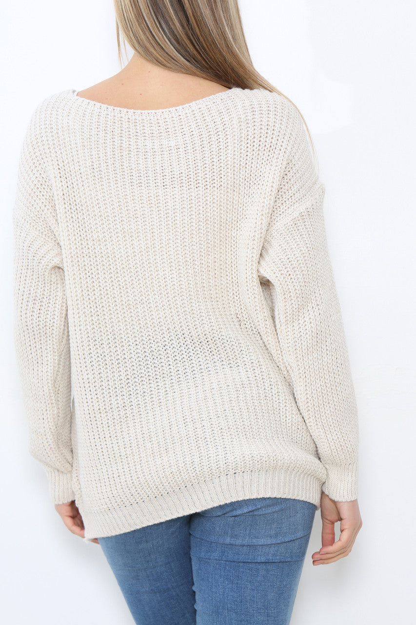 Ladies Knitted Plain Jumper Top Stone
