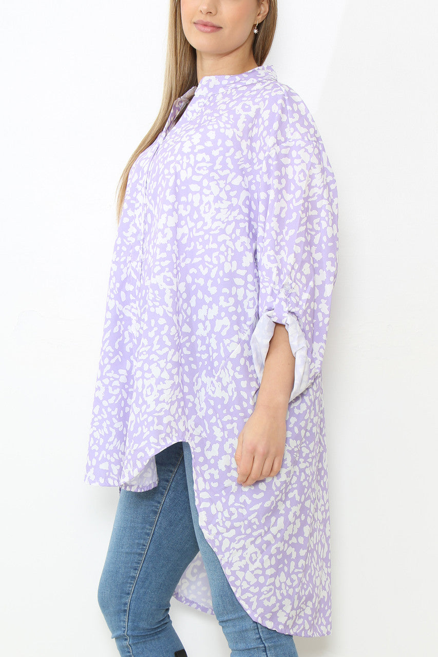 Dames Grandad Collar Blouse met Luipaardprint en Lange Pasvorm Lila