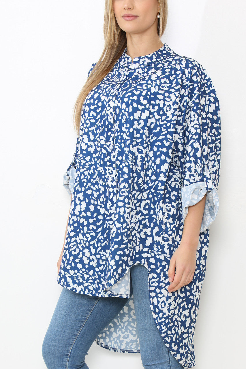 Ladies Grandad Collar Leopard Print Longline Shirt Blouse Top Royal Blue