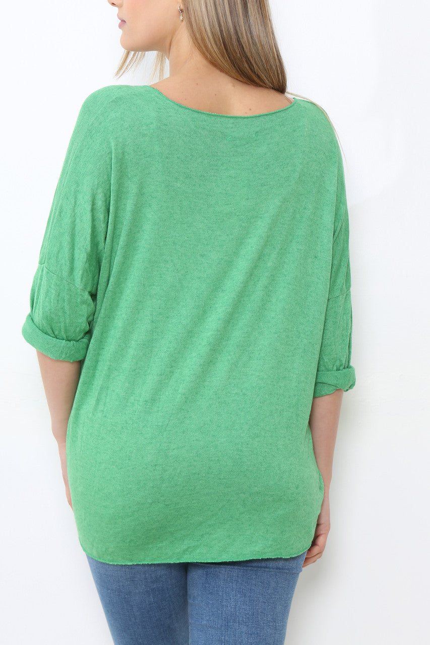 Ladies Sequin Hearts Heart Fine Knit Jumper Top Green