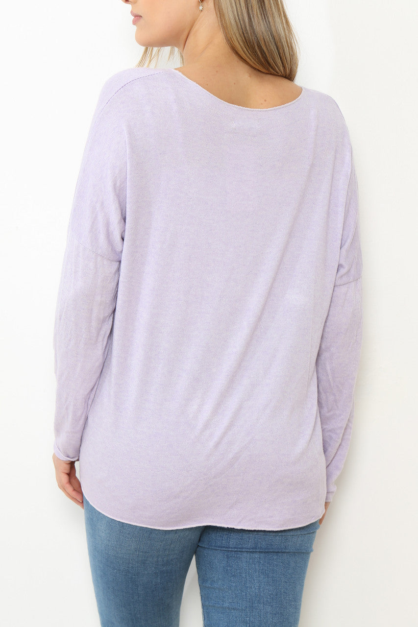 Ladies Sequin Hearts Heart Fine Knit Jumper Top Lilac