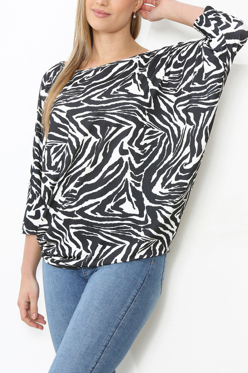 Dames Top met Dierenprint en Vleermuismouwen Zwart
