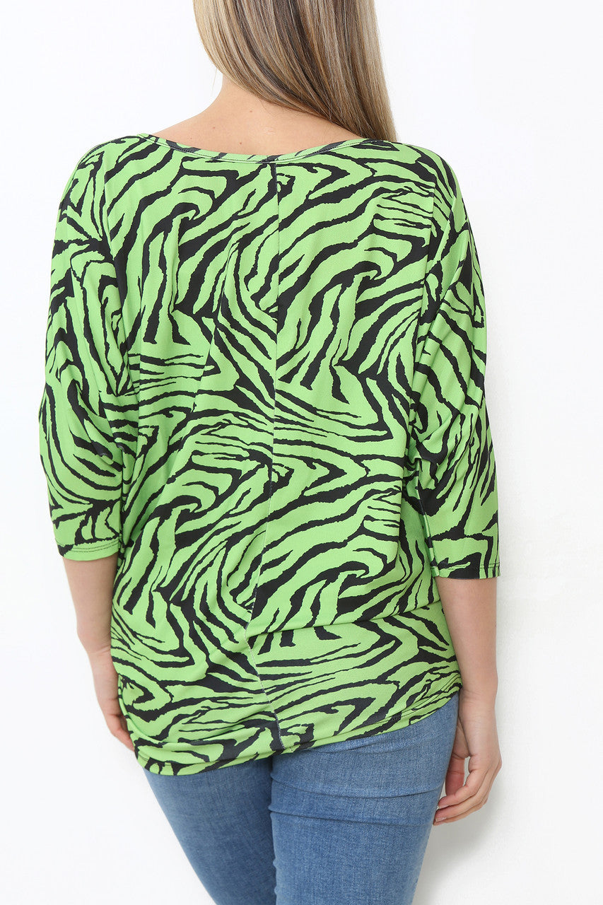 Ladies Animal Print Batwing Top Lime Green