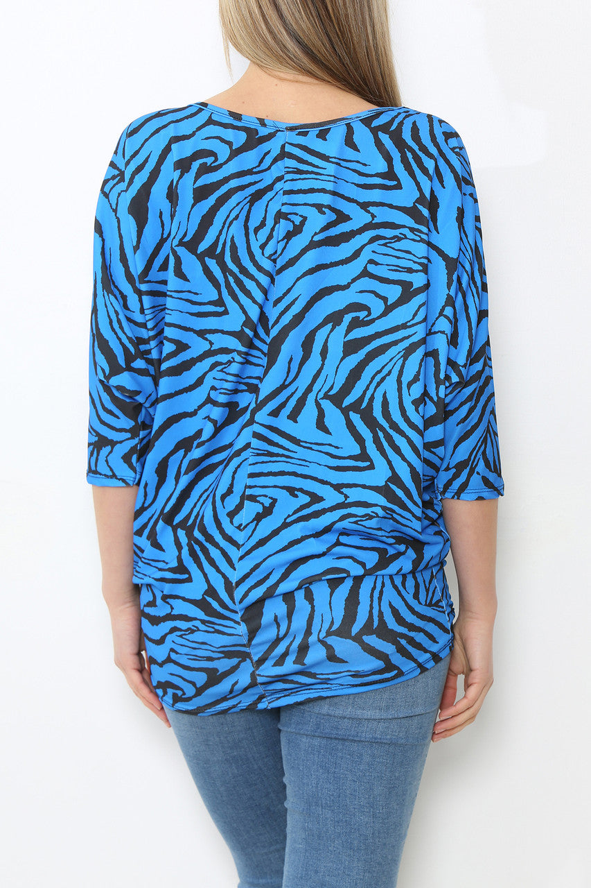 Ladies Animal Print Batwing Top Royal Blue