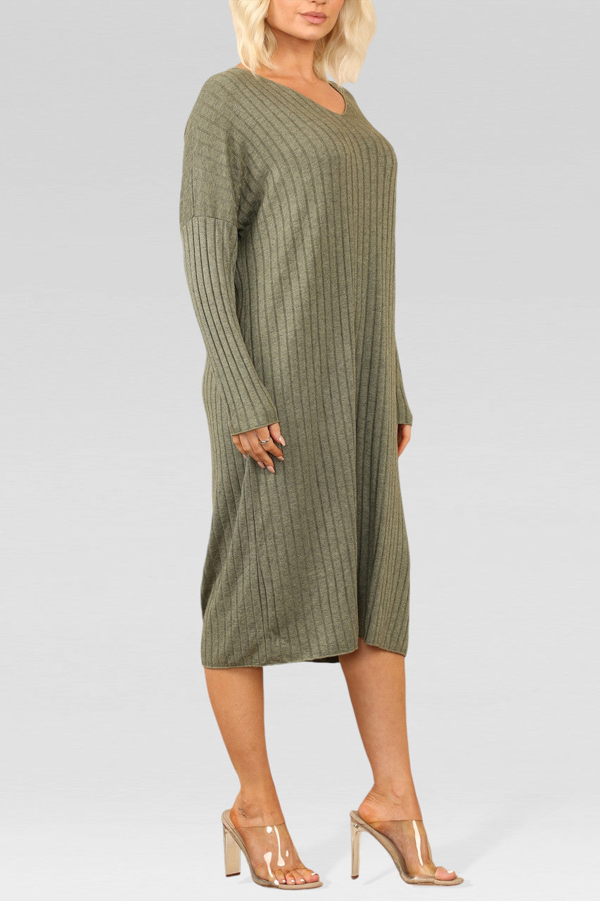RIBBED KNITTED MIDI DRESS KHAKI