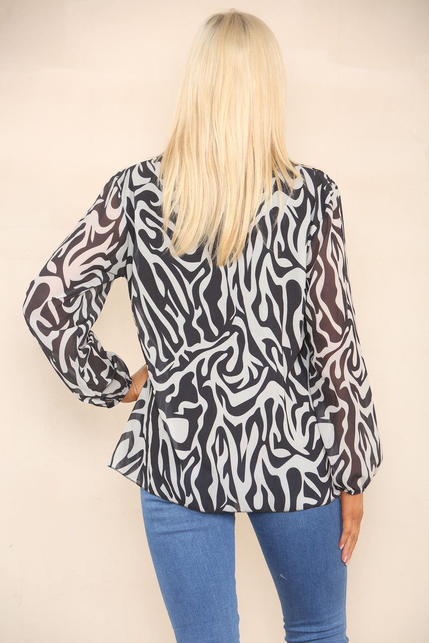 ABSTRACT ZEBRA PRINT PLEATED BLOUSE STONE