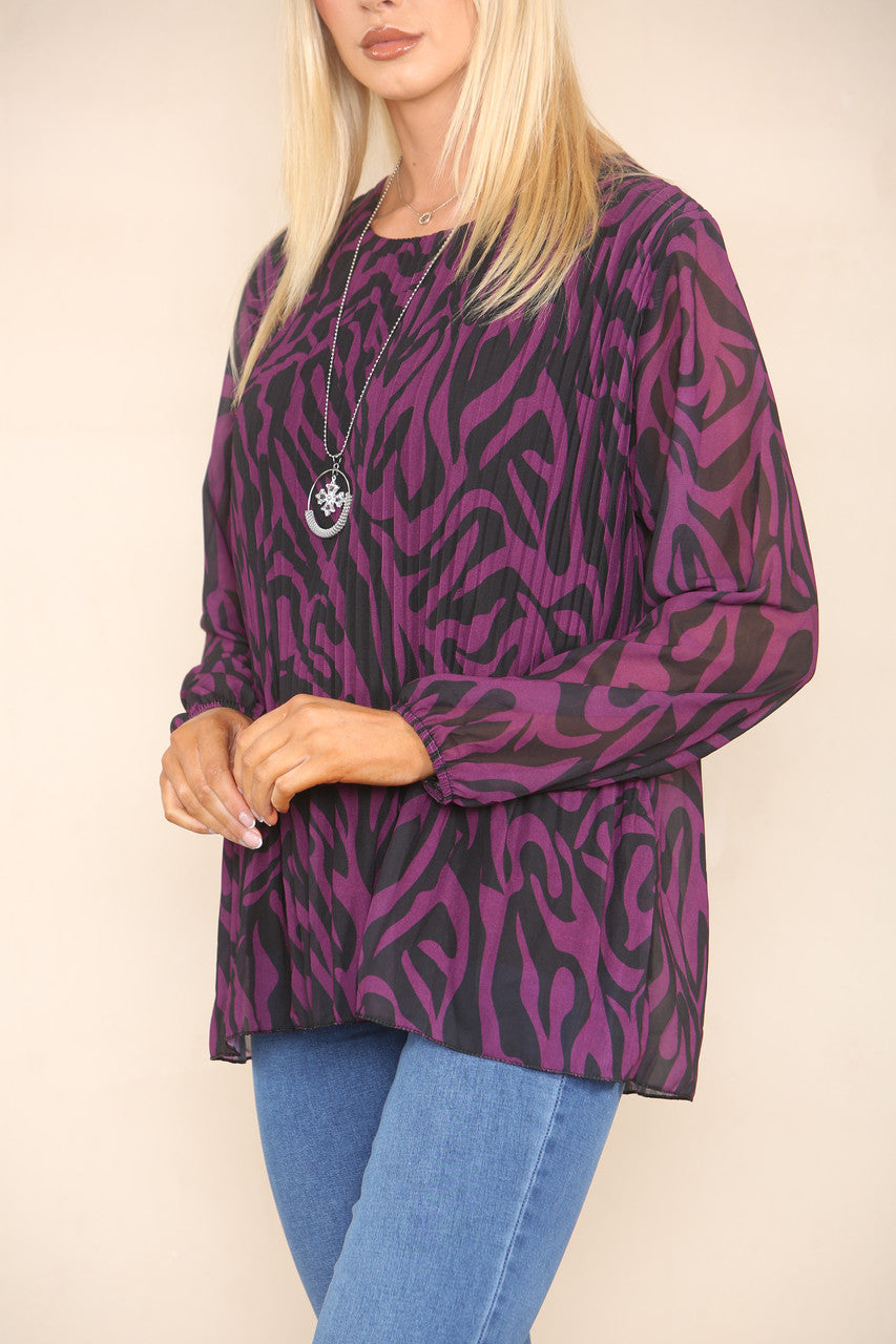 ABSTRACT ZEBRA PRINT PLEATED BLOUSE PURPLE