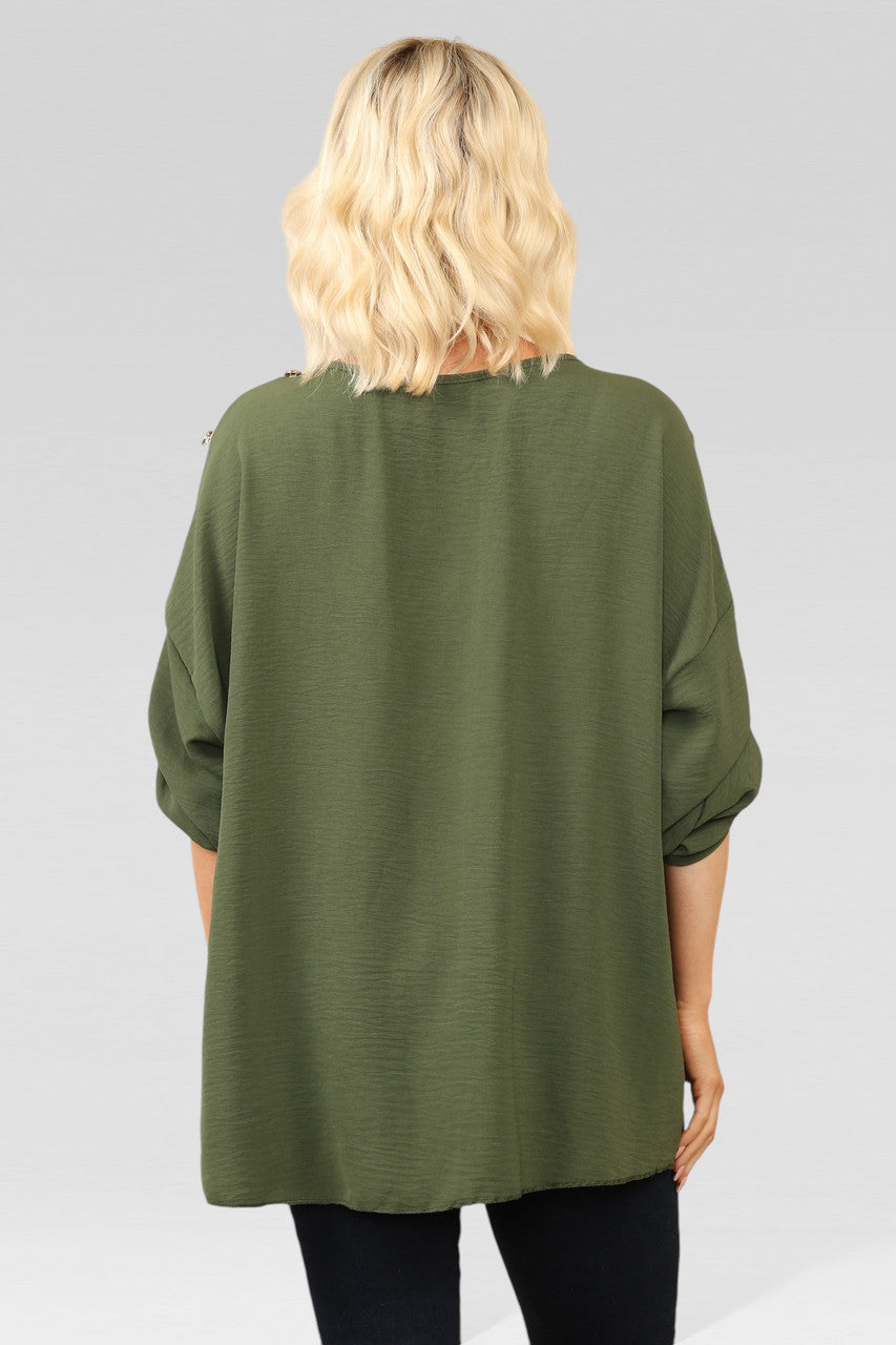 BLOUSE TOP MET KNOPEN EN HALSBAND KHAKI