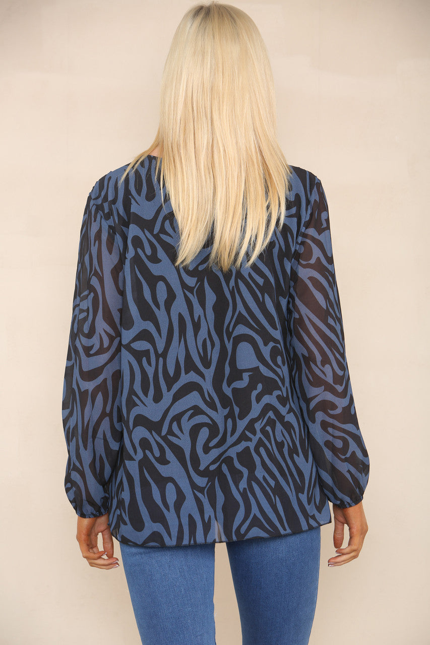 ABSTRACT ZEBRA PRINT PLEATED BLOUSE DENIM