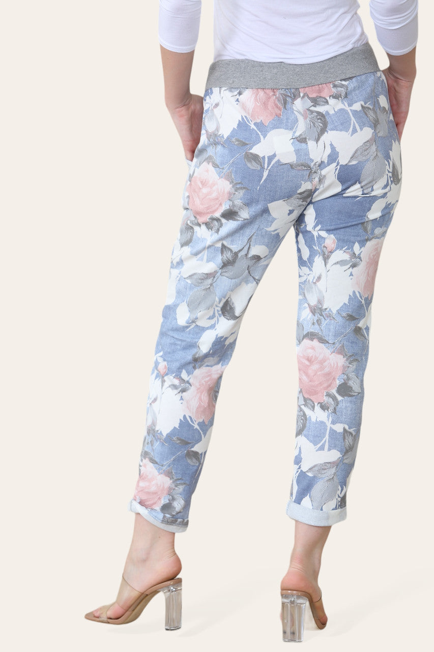 FLORAL ROSE MIX PRINT JOGGING PANT TROUSERS - LIGHT BLUE