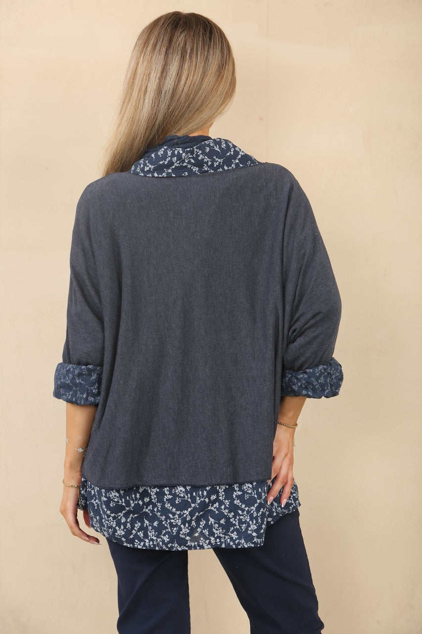 2-IN-1 SHIRT MET BLADERENPRINT, TRUI & SJAAL - MARINEBLAUW