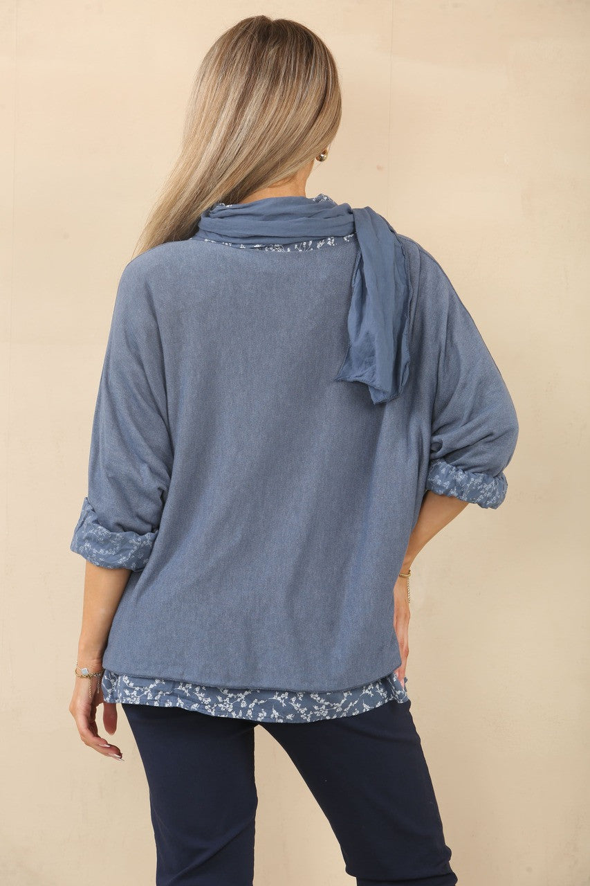 2-IN-1 SHIRT MET BLADERPRINT, TRUI & SJAAL - DENIM