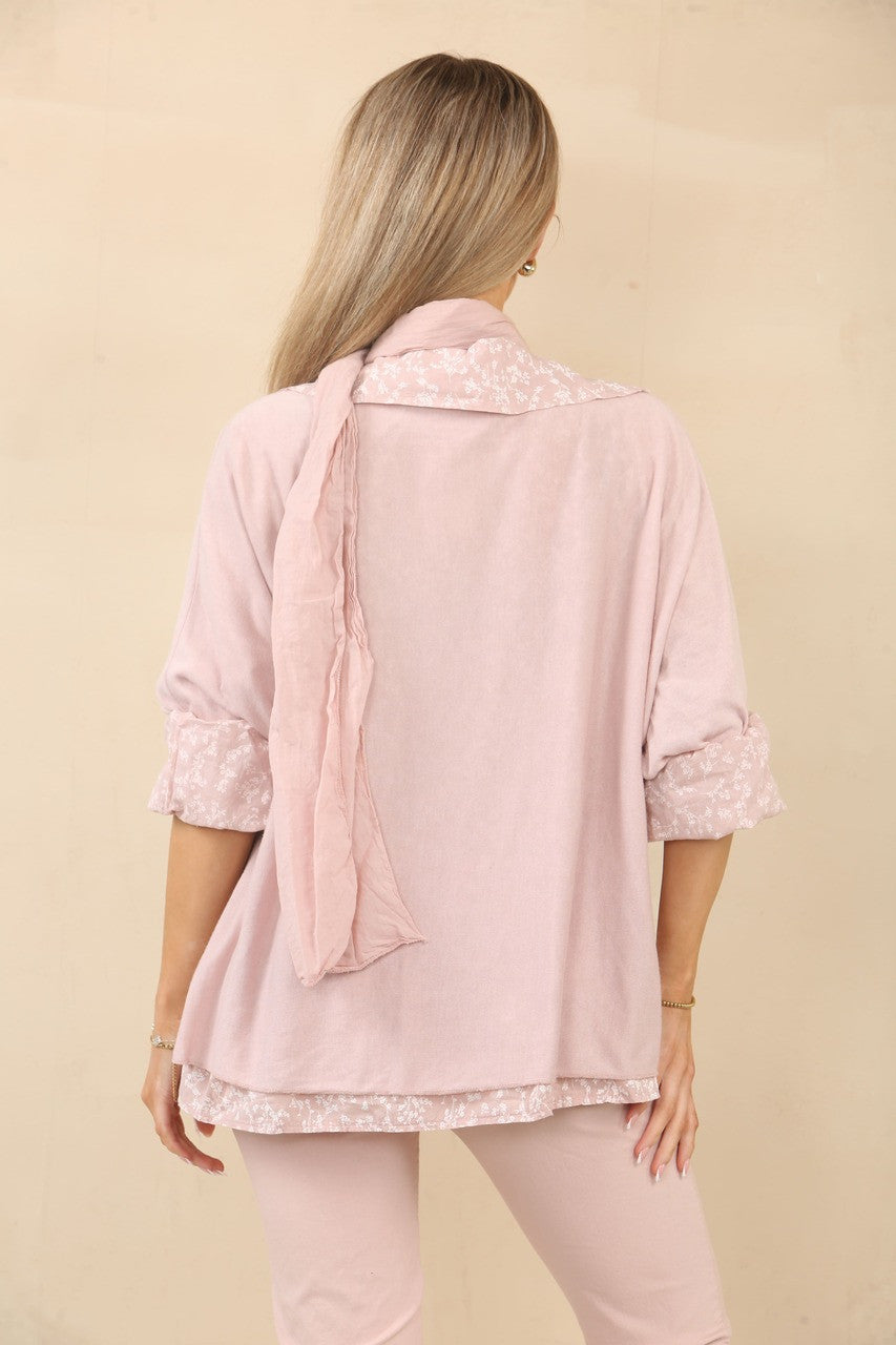 2-IN-1 SHIRT MET BLADERENPRINT, TRUI EN SJAAL - DUSTY ROZE