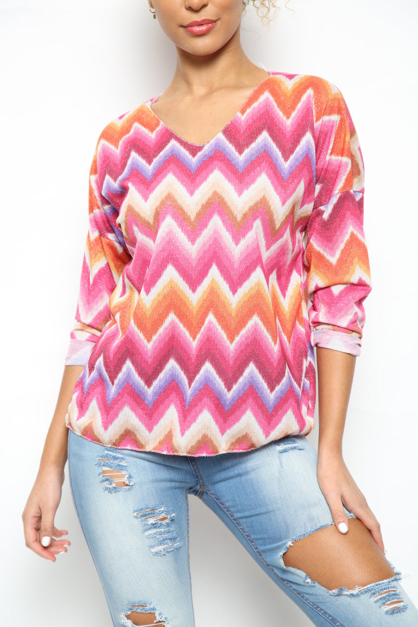 Ladies Shimmer Zig Zag Print Top Cerise