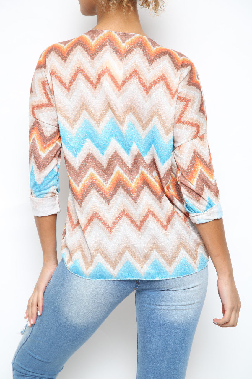 Ladies Shimmer Zig Zag Print Top Stone