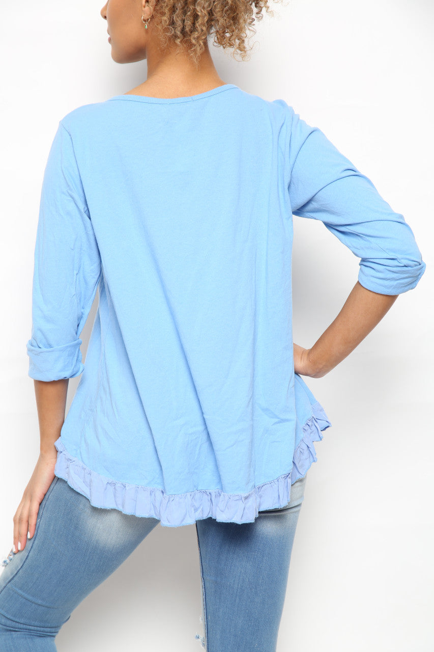 Ladies Ditsy Foil Butterfly Print Top Sky Blue