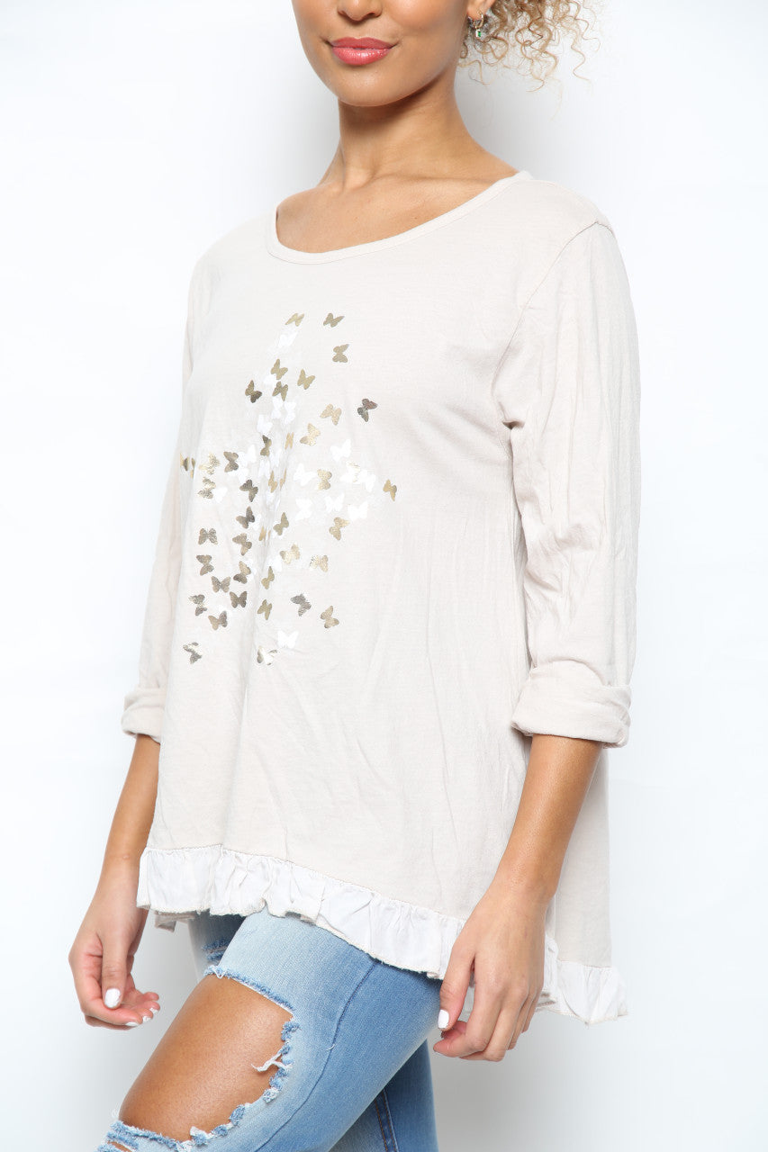 Ladies Ditsy Foil Butterfly Print Top Stone