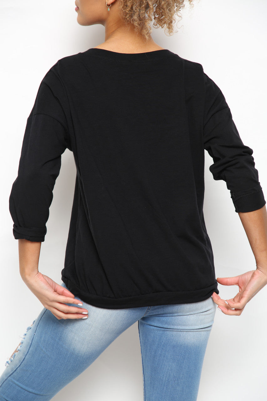 Ladies Sequin Heart Graphic Drawstring Hem Top Black