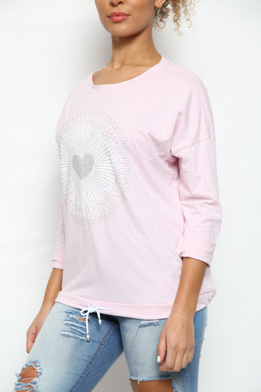 Dames Sequin Hart Grafische Top met Trekkoord Roze