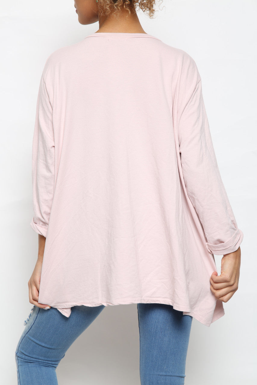 Ladies Fold Side Detail Graphic Sweatshirt Top Dusty Pink